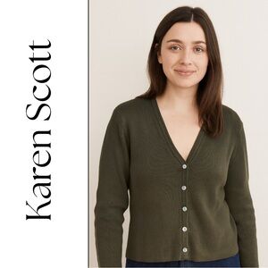 Karen Scott Petite 100% Cotton Button-Front Cardigan | Olive Green (Women’s)